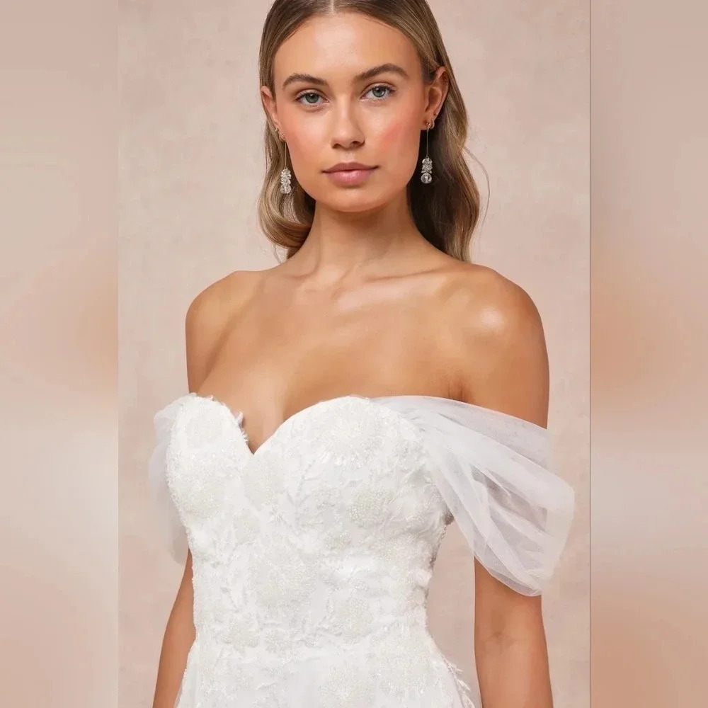 Lulus Blissfully Romantic White Tulle Off-the-Shoulder Maxi Dress Bridal Wedding - Picture 4 of 11